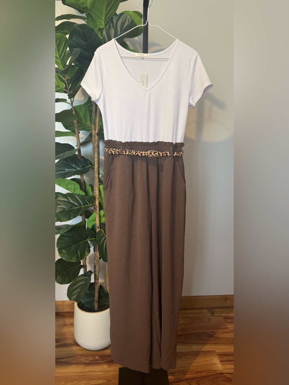 V-Neck Short Sleeve Jumpsuit with Brown Paperbag Waist